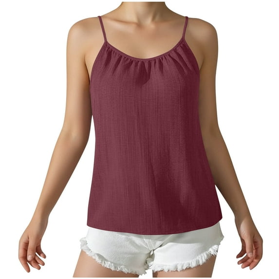 RYRJJ Cotton Linen Tank Tops for Women Summer Sleeveless Spaghetti Strap Camisole Dressy Casual Loose Fit Tunic Tees Shirts(Wine,L)
