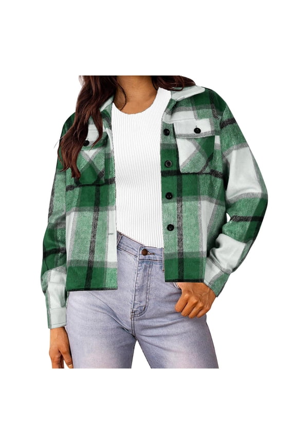 Cropped Flannel Jackets for Women Long Sleeve Lapel Button Down Shirts Short Plaid Shacket Fall Coat Tops with Pockets(Mint Green,XXL)