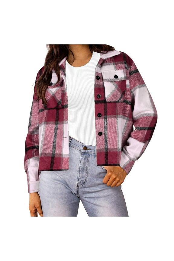 Cropped Flannel Jackets for Women Long Sleeve Lapel Button Down Shirts Short Plaid Shacket Fall Coat Tops with Pockets(Purple,S)