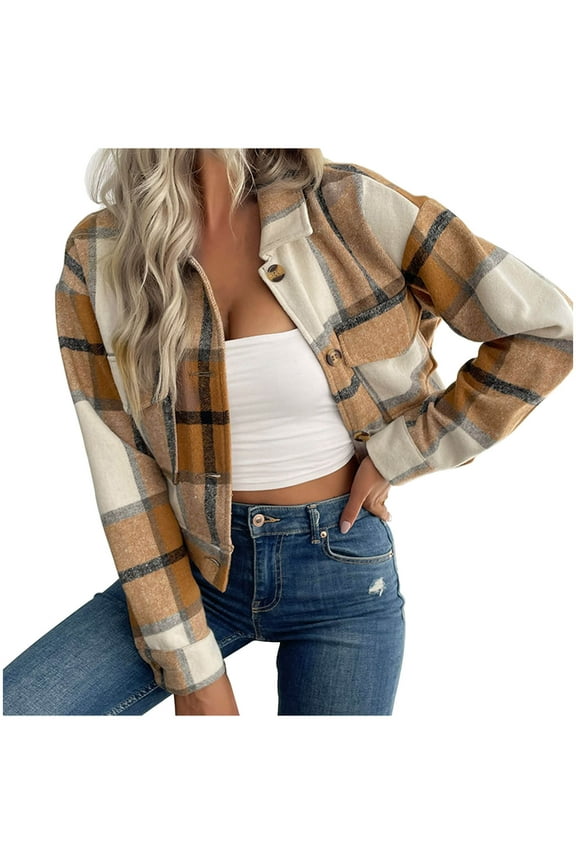 Cropped Jacket for Women Flannel Plaid Long Sleeve Lapel Button Down Shirts Short Shacket Fall Winter Outwear Coat(Khaki,S)