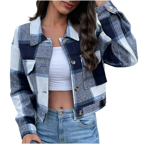 RYRJJ Cropped Jacket for Women Flannel Plaid Long Sleeve Lapel Button Down Shirts Short Shacket Fall Winter Outwear Coat(Navy,S)