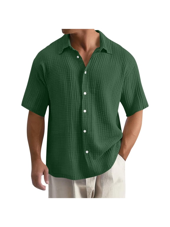 Cuban Guayabera Cotton Linen Shirts for Men Short Sleeve Button Down Shirt Summer Beach Vacation Hawaiian Shirts(Green,S)