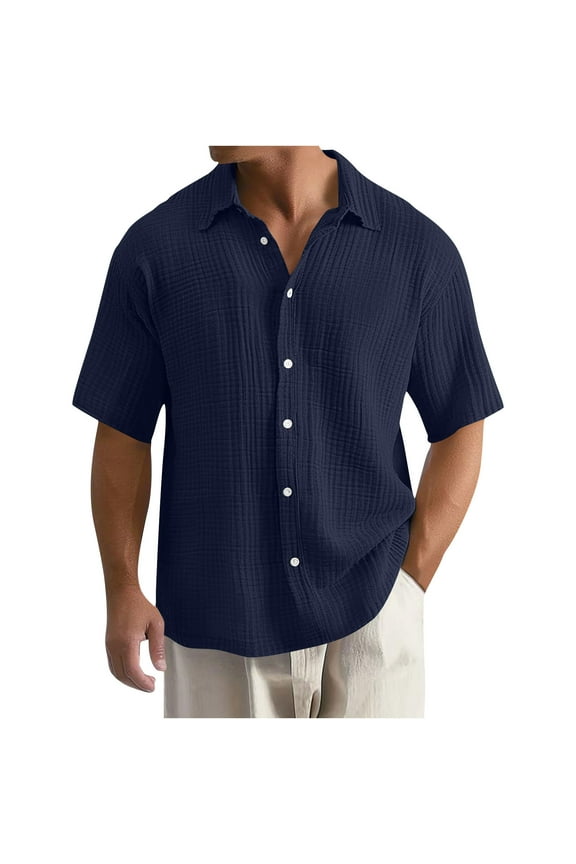 Cuban Guayabera Cotton Linen Shirts for Men Short Sleeve Button Down Shirt Summer Beach Vacation Hawaiian Shirts(Navy,L)