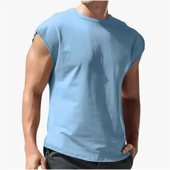 RYRJJ Cut Off Workout Tank Tops for Men Athletic Gym Running Cap Sleeve Muscle Tees Fitness Bodybuilding Sleeveless T Shirts Vests(Light Blue,M)