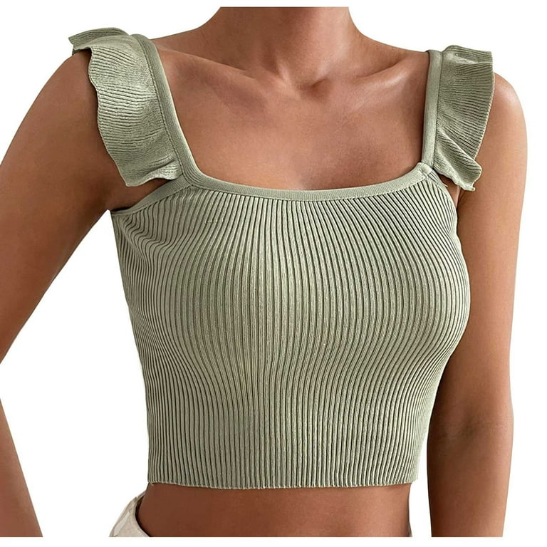 【Rest&Recreation】U-NECK LOGO CLIP TOP RYRJJ Cute Crop Tops for Women Tank Tops Ribbed Knit Ruffle