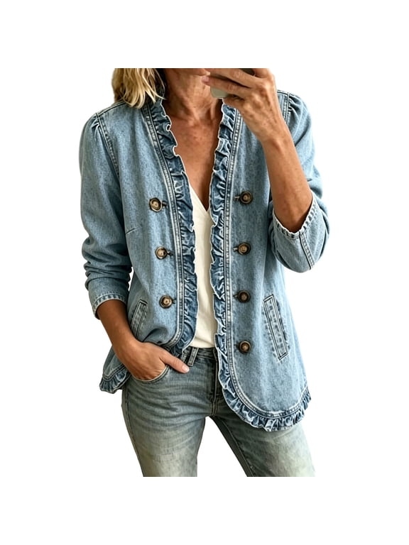 Denim Jacket for Women Ruffle Trim Long Sleeve Button Down Vintage Western Jean Coat V Neck Casual Fall Outerwear