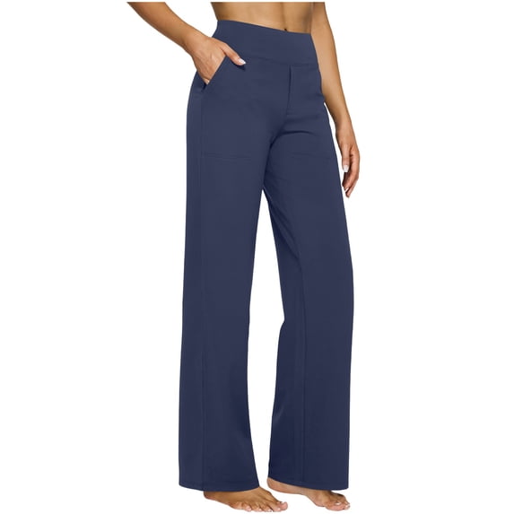 RYRJJ Dress Yoga Pants for Women High Waisted Wide Leg Pants with Pockets Stretch Slacks Loose Casual Lounge Sweatpants(Navy,XL)