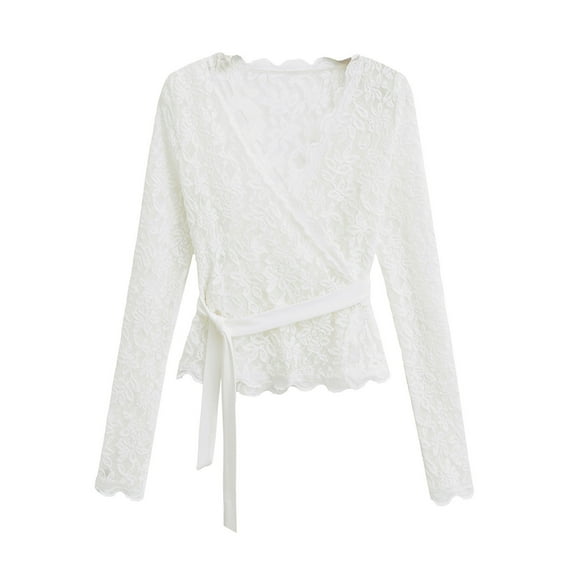 RYRJJ Elegant Cross Tie Knot Wrap Lace Shirts for Women Casual Long Sleeve V Neck Tops Trendy Fall Office Work Blouse(White,M)