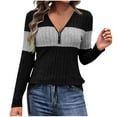 thumbnail image 1 of RYRJJ Fall Quarter Zip Pullover Sweaters for Women Long Sleeve V-Neck Ribbed Knit Tops Striped Color Block Slim Fitted Shirts(Black,L), 1 of 7