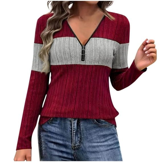 RYRJJ Fall Quarter Zip Pullover Sweaters for Women Long Sleeve V-Neck Ribbed Knit Tops Striped Color Block Slim Fitted Shirts(Wine,L)