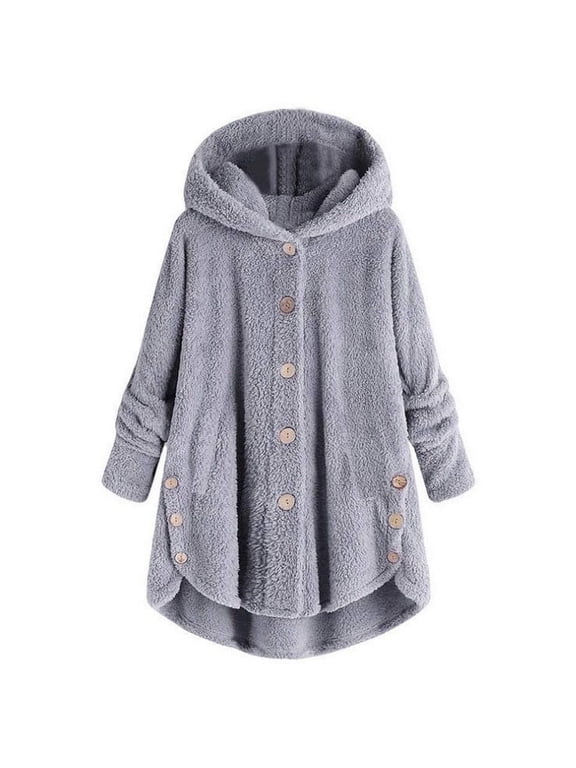 Fall Winter Fleece Jackets for Women with Hood Solid Color Plus Size Sherpa Hoodies Coats Warm Button Down Lightweight Fuzzy Overcoat Tops(Gray,XXL)