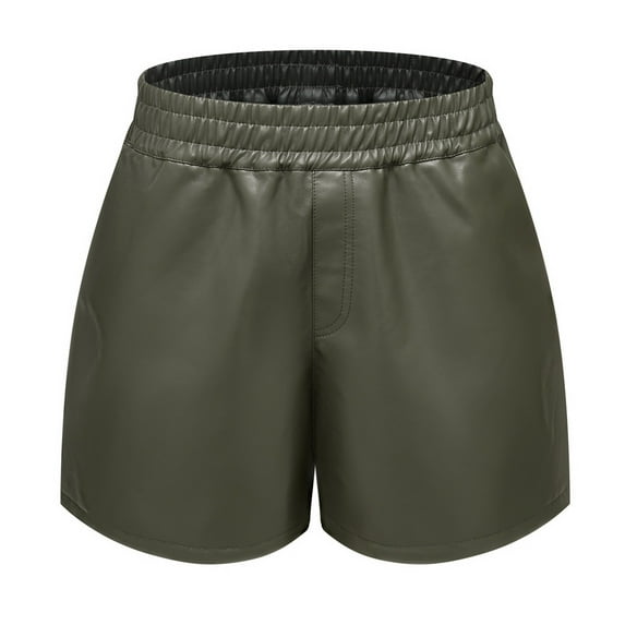 RYRJJ Faux Leather Shorts for Women Summer Casual Elastic High Waisted Wide Leg Short Pant with Pockets(Army Green,XXL)