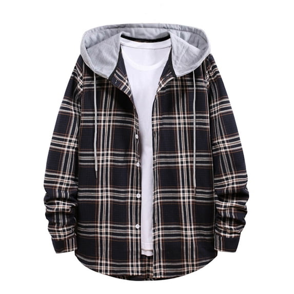 RYRJJ Flannel Hoodie Shirt for Men Plaid Long Sleeve Shacket Jacket Regular Fit Lightweight Button Down Shirts Jackets with Hood(Black,S)
