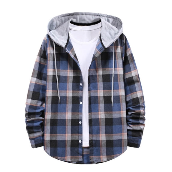 RYRJJ Flannel Hoodie Shirt for Men Plaid Long Sleeve Shacket Jacket Regular Fit Lightweight Button Down Shirts Jackets with Hood(Blue,XL)