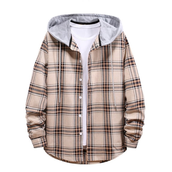 RYRJJ Flannel Hoodie Shirt for Men Plaid Long Sleeve Shacket Jacket Regular Fit Lightweight Button Down Shirts Jackets with Hood(Khaki,L)