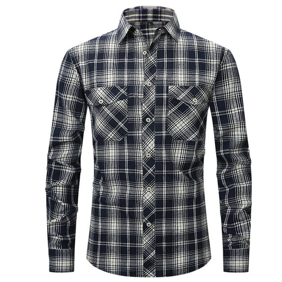 RYRJJ Flannel Plaid Shirt for Men Long Sleeve Regular Fit Button Down Casual Shacket Shirt Fall Fashion Lightweight Jackets Tops(Navy,2XL)