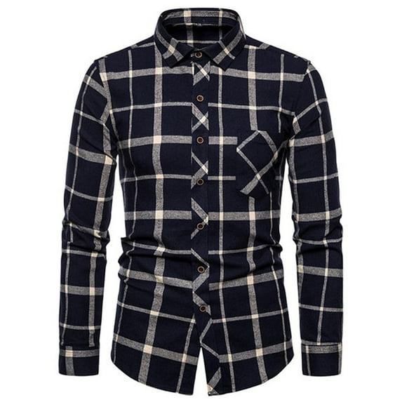 RYRJJ Flannel Shirts for Men Regular Fit Long Sleeve Button Down Shirt Plaid Casual Shirt Jacket with Pocket(Navy,S)