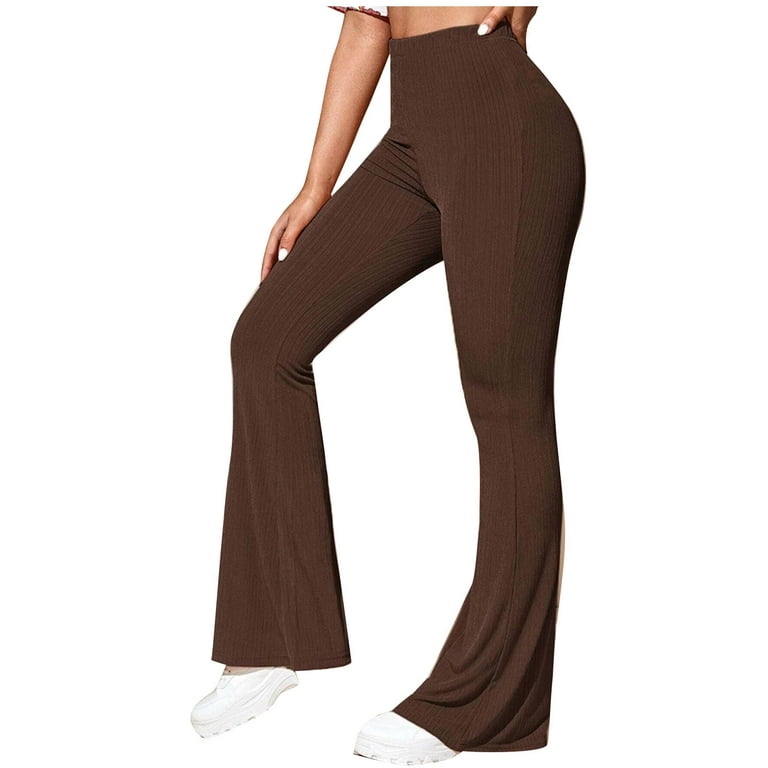 RYRJJ Flare Knit Legging Butt High Bottom Women Yoga Bell for Gym Waisted Trousers(Brown,L) Workout Pants Ribbed Lifiting Bootcut