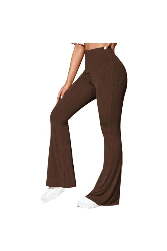 Flare Legging for Women High Waisted Butt Lifiting Bootcut Ribbed Knit Yoga Pants Workout Gym Bell Bottom Trousers(Brown,S)