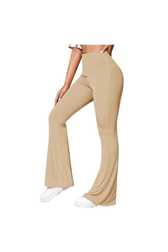 Flare Legging for Women High Waisted Butt Lifiting Bootcut Ribbed Knit Yoga Pants Workout Gym Bell Bottom Trousers(Khaki,M)