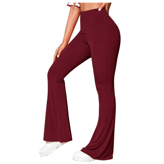 RYRJJ Flare Legging for Women High Waisted Butt Lifiting Bootcut Ribbed Knit Yoga Pants Workout Gym Bell Bottom Trousers(Wine,XS)