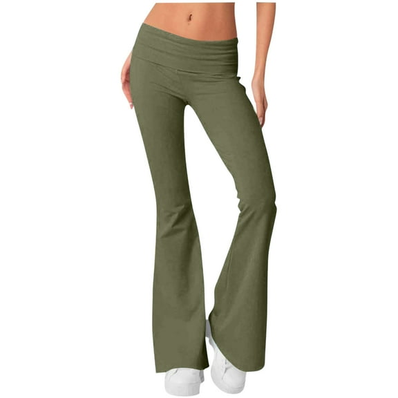 RYRJJ Flare Leggings for Women Stretchy Low Rise Fold Over Bell Bottom Yoga Pants Bootcut Leggings Ladies Comfy Workout Pants(Army Green;XXL)