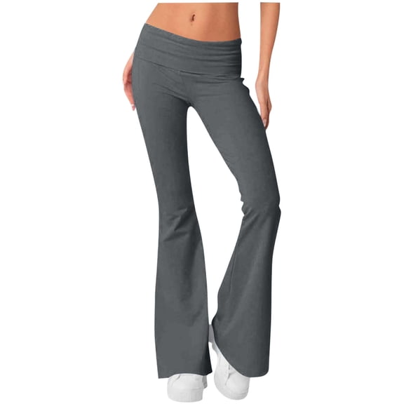 RYRJJ Flare Leggings for Women Stretchy Low Rise Fold Over Bell Bottom Yoga Pants Bootcut Leggings Ladies Comfy Workout Pants(Gray;L)