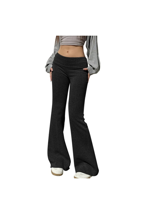 Flare Yoga Pants for Women Fold Over Ruched Low Rise Bell Bottom Leggings Soft Comfy Lounge Pants Trousers(Black,L)