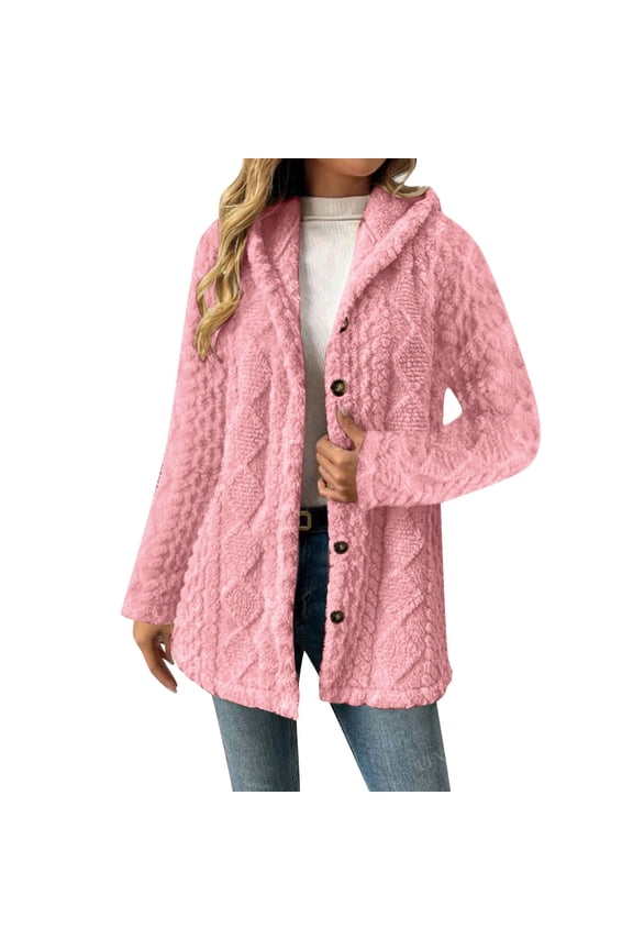 Fleece Jacket for Women Plus Size Winter Warm Button Down Hooded Coat Casual Soft Lightweight Fall Teddy Outerwear Fuzzy Coats(Pink,S)