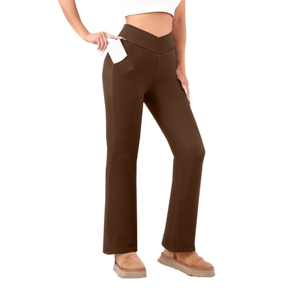 RYRJJ Fleece Lined Flared Leggings for Women Crossover High Waisted Tummy Control Soft Bootcut Yoga Pants Warm Leggings(Coffee,L)