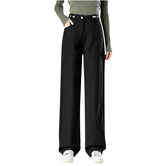 RYRJJ Fleece Lined Jeans for Women High Waisted Wide Leg Baggy Jeans Pants Winter Thermal Denim Pants with Pockets(Black,S)