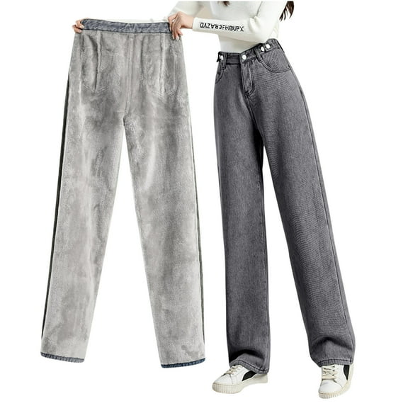 RYRJJ Fleece Lined Jeans for Women High Waisted Wide Leg Baggy Jeans Pants Winter Thermal Denim Pants with Pockets(Dark Gray,XXL)
