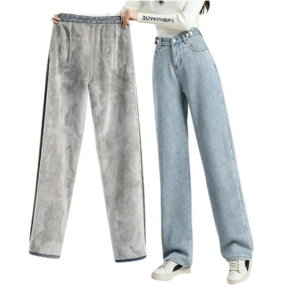 RYRJJ Fleece Lined Jeans for Women High Waisted Wide Leg Baggy Jeans Pants Winter Thermal Denim Pants with Pockets(Light Blue,S)