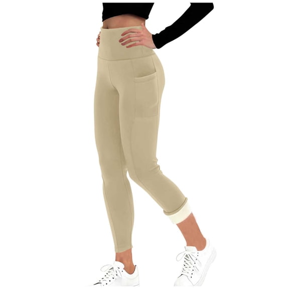 RYRJJ Fleece Lined Leggings for Women Thicken Winter Thermal Tights Tummy Control High Waisted Workout Yoga Pants with Pockets(Beige,S)