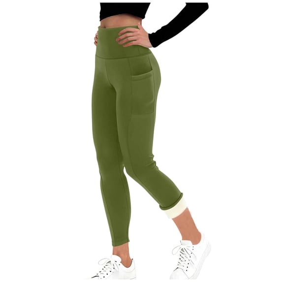 RYRJJ Fleece Lined Leggings for Women Thicken Winter Thermal Tights Tummy Control High Waisted Workout Yoga Pants with Pockets(Green,M)