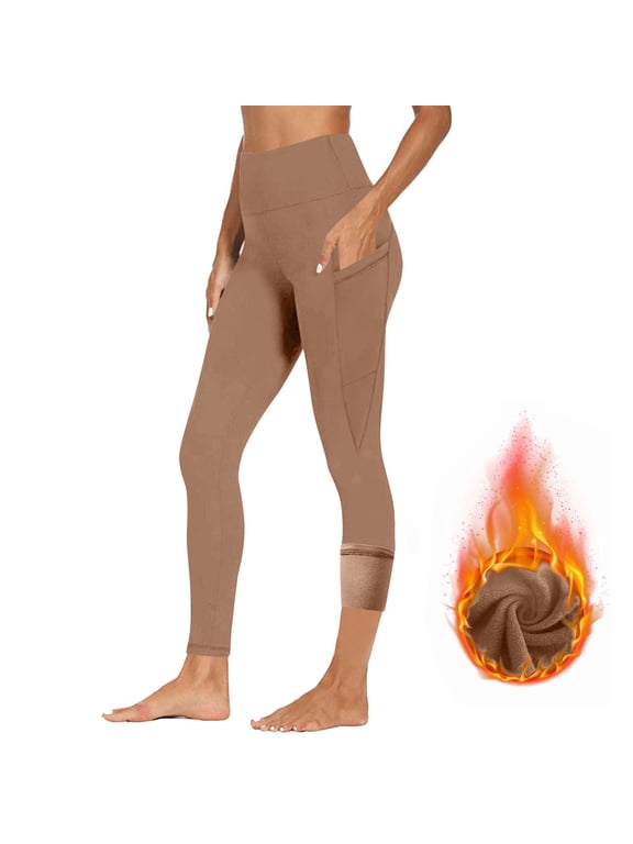 Fleece Lined Workout Leggings with Pockets for Women Tummy Control Thermal Leggings Winter High Waisted Athletic Yoga Pants(Brown,M)