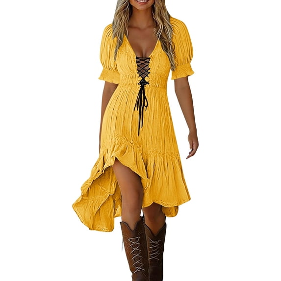 RYRJJ Flowy Lace-Up Front Linen Dress for Women Puff Short Sleeve Ruffle Irregualr Hem Boho Dress Summer Deep V Neck Beach Dresses(Yellow,M)