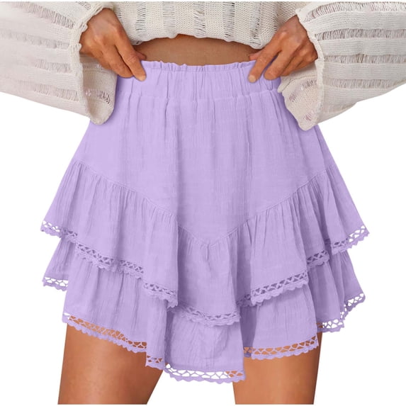 RYRJJ Flowy Shorts for Women Casual Boho Ruffle Tiered Skorts Elastic High Waist Mini Skirts Golf Tennis Crochet Shorts(Purple,L)