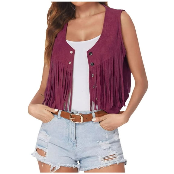 RYRJJ Fringe Vest Women Faux Suede Open-Front Vintage Waistcoat Sleeveless 70s Hippie Clothes Boho Western Jacket Top Hot Pink M