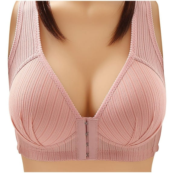 RYRJJ Front Snap Closure Everyday Bras for Women Builtup Sports Push Up Cotton Bra with Padded Soft Wirefree Breathable(Pink,L)