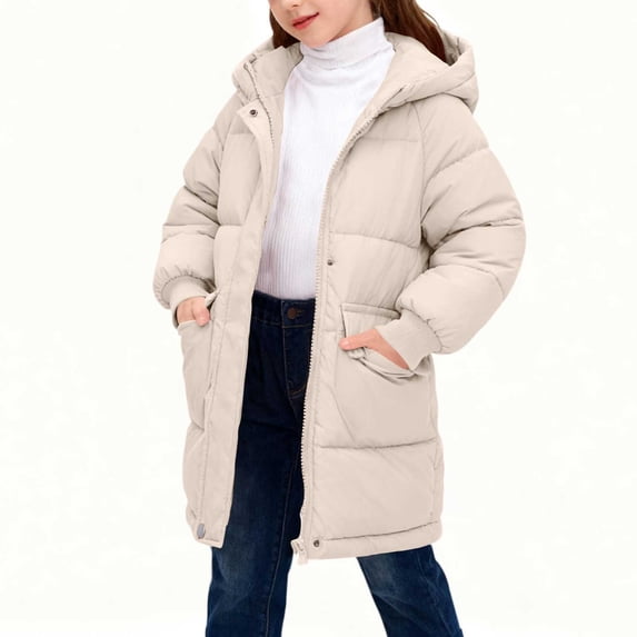 RYRJJ Girls Long Puffer Winter Coat Kids Hooded Parka Jacket Full Zip Long Sleeve Thickened Warm Outerwear with Pockets
