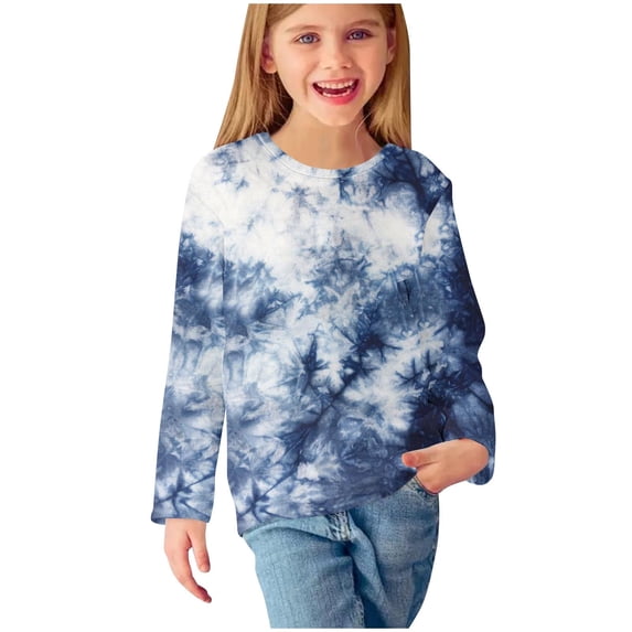 RYRJJ Girls Long Sleeve Shirts Tie Dye Crewneck Cotton T-Shirts Long-Sleeve Basic Layering Tees Tops for Toddler Kids 3-14 Years