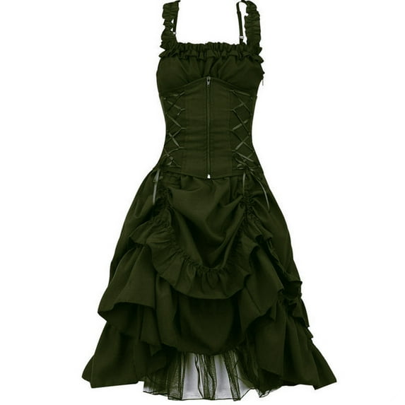 RYRJJ Gothic Steampunk Dresses for Women Plus Size Sleeveless Corset Tiered Ruffle Dress Vintage Medieval Dress Renaissance Costumes(Army Green,XXL)
