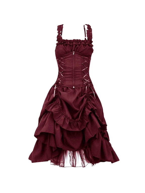 Gothic Steampunk Dresses for Women Plus Size Sleeveless Corset Tiered Ruffle Dress Vintage Medieval Dress Renaissance Costumes(Wine,L)