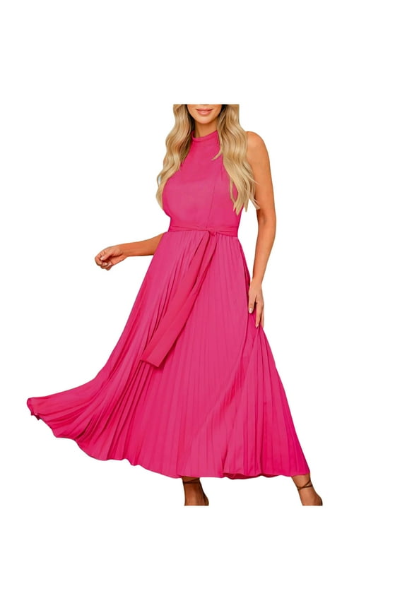 Halter Bridesmaid Dresses for Women Chiffon Ruched Evening Party Gowns Sleeveless Formal Wedding Guest Long Dresses(Hot Pink,S)