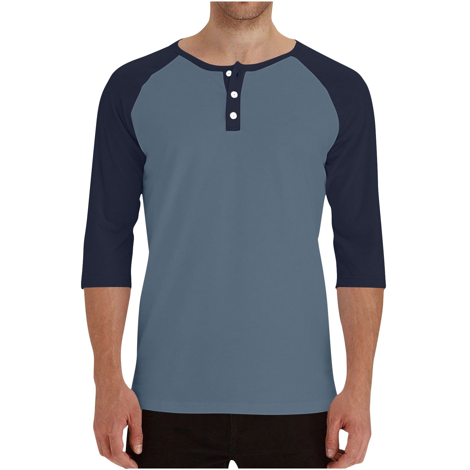 RYRJJ Henley Shirts for Men Raglan 3/4 Sleeve Baseball T-Shirts Color Block Summer Casual Cotton Sport Athletic Tee Tops(Black Blue,XXL)
