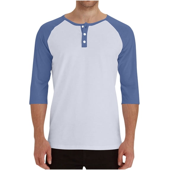 RYRJJ Henley Shirts for Men Raglan 3/4 Sleeve Baseball T-Shirts Color Block Summer Casual Cotton Sport Athletic Tee Tops(Light Blue,XL)