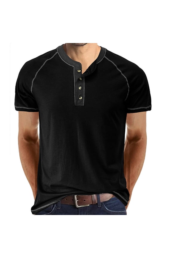 Henley Shirts for Mens Button V Neck Short Sleeve T Shirts Solid Color Lightweight Summer Casual Front Placket Tee Shirt Tops(Black,L)