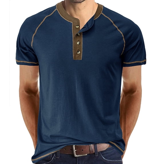 RYRJJ Henley Shirts for Mens Button V Neck Short Sleeve T Shirts Solid Color Lightweight Summer Casual Front Placket Tee Shirt Tops(Blue,L)