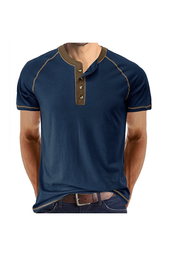 Henley Shirts for Mens Button V Neck Short Sleeve T Shirts Solid Color Lightweight Summer Casual Front Placket Tee Shirt Tops(Blue,L)